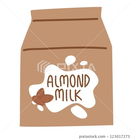 almond milk in paper package with liquid splash and nuts 123017273