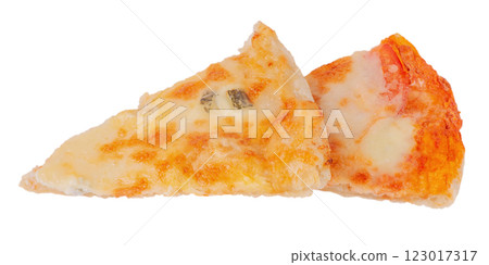 Two slices of four cheese pizza and a margherita pizza. 123017317