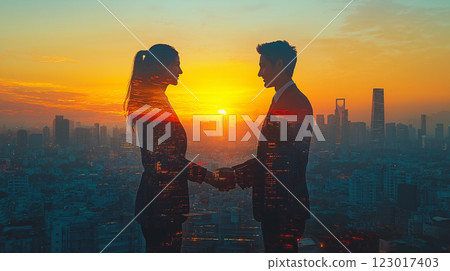 Double exposure of a romantic couple and a city skyline at sunset Double exposure of a romantic couple and a city skyline at sunset 123017403