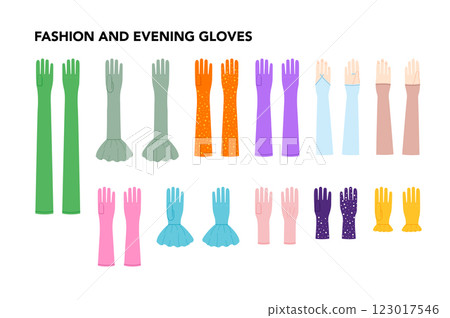 Set of Gloves - Fashion and Evening with names hand accessory clothing technical illustration garment. Vector for Men Set of Gloves - Fashion and Evening with names hand accessory clothing technical illustration garment. Vector for Men 123017546
