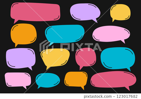 Set of cute speech bubble templates in doodle style. Collection of dialog balloons, text boxes, quote frames, conversation tags isolated on dark background. Vector flat illustration Set of cute speech bubble templates in doodle style. Collection of dialog balloons, text boxes, quote frames, conversation tags isolated on dark background. Vector flat illustration 123017682