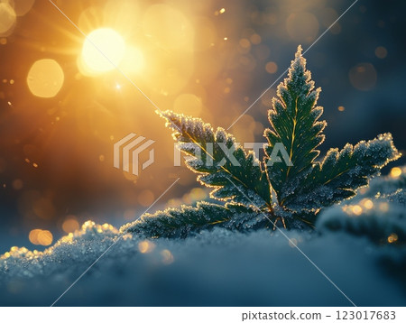 Close up of fern frost melting off its leaves as sunlight glimmers in background highlighting droplets. moment captures beauty of nature awakening. Close up of fern frost melting off its leaves as sunlight glimmers in background highlighting droplets. moment captures beauty of nature awakening. 123017683