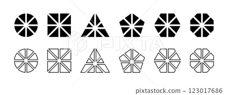 Set of geometric round, square and triangle, pentagon, hexagon and octagon shapes divided into 8 equal parts isolated on white background. Simple diagrams, business charts. Vector illustration Set of geometric round, square and triangle, pentagon, hexagon and octagon shapes divided into 8 equal parts isolated on white background. Simple diagrams, business charts. Vector illustration 123017686