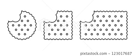Set of bitten cracker icons. Sweet or salty biscuit cookies in round, square and rectangle shapes. Popular crunchy snacks isolated on white background. Vector outline illustration 123017687