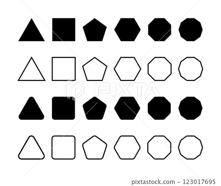Set of simple geometric forms with sharp and rounded corners. Triangle, square or squircle, pentagon, hexagon and octagon shapes isolated on white background. Vector graphic illustration Set of simple geometric forms with sharp and rounded corners. Triangle, square or squircle, pentagon, hexagon and octagon shapes isolated on white background. Vector graphic illustration 123017695
