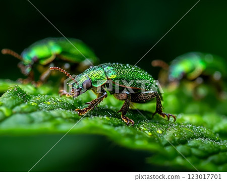 vibrant emerald green beetle explores surface of green leaf its glimmering shell reflecting sunlight. background features soft blur of garden foliage. 123017701