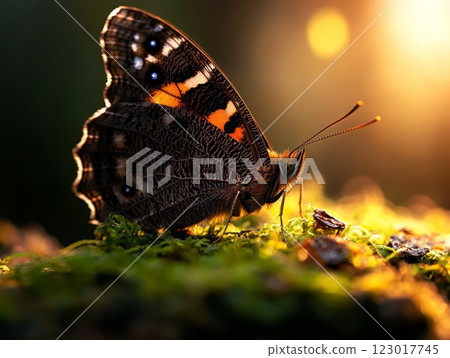 small butterfly rests on fern its delicate wings partially open illuminated dappled sunlight filters gently through surrounding trees creating serene atmosphere. 123017745