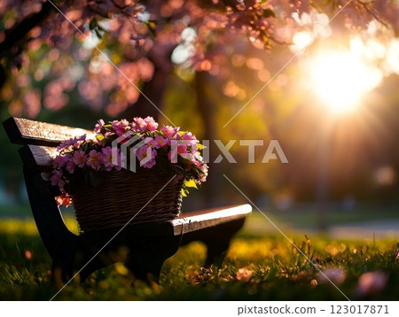 basket overflowing bright spring flowers rests on wooden bench blooming cherry tree. Soft warm light from sunset enhances serene outdoor setting. 123017871