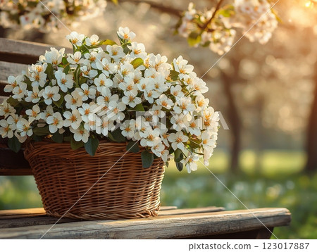 basket brimming vibrant spring flowers rests comfortably on rustic wooden bench. cherry tree in bloom provides enchanting backdrop warm natural light illuminating scene. 123017887