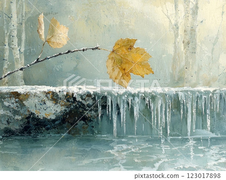 small leaf is gently adorned melting frost while water droplets form and gracefully fall. Soft pencil strokes reveal textures in muted greys and greens embodying seasonal change. 123017898