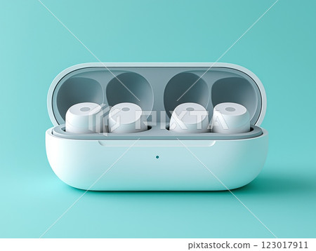 Showcasing professional flat design mockup featuring pair of minimalist earphones placed in stylish customizable case against soft pastel teal background for fresh look. 123017911