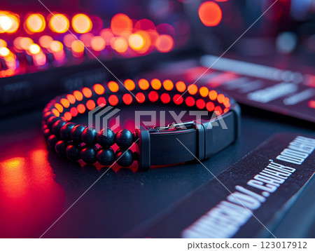 Close up shot showcases stylish wristband designed for customization lying flat next concert tickets. setting highlights vibrant details and craftsmanship. 123017912