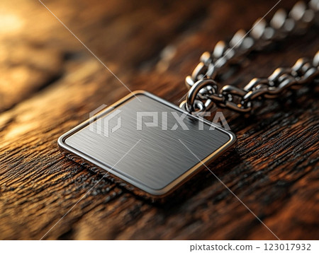 Close up shot reveals keychain featuring flat design and blank engraving area. It elegantly rests on polished wooden surface showcasing its sleek finish. Close up shot reveals keychain featuring flat design and blank engraving area. It elegantly rests on polished wooden surface showcasing its sleek finish. 123017932