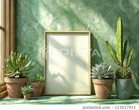 close up view showcases blank picture frame leaning against textured green wall. Nearby are various potted succulents enhancing aesthetic soft natural shadows. close up view showcases blank picture frame leaning against textured green wall. Nearby are various potted succulents enhancing aesthetic soft natural shadows. 123017933
