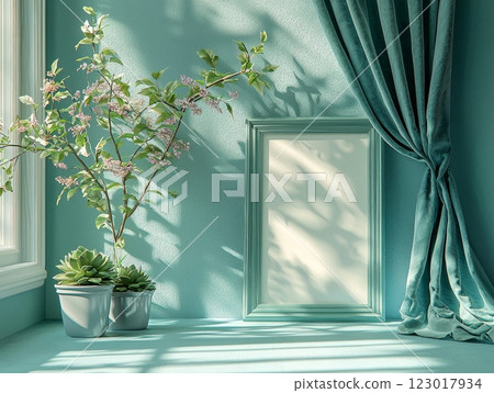 Close up view of blank picture frame leaning against pastel wall potted succulents on table. Soft shadows enhance tranquil and modern atmosphere of setting. Close up view of blank picture frame leaning against pastel wall potted succulents on table. Soft shadows enhance tranquil and modern atmosphere of setting. 123017934
