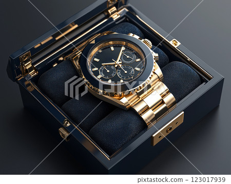 luxury wristwatch elegantly displayed on velvet cushion within sleek watch box highlighted rich dark blue background enhances its opulence. luxury wristwatch elegantly displayed on velvet cushion within sleek watch box highlighted rich dark blue background enhances its opulence. 123017939