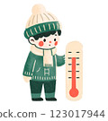 雪天孩子和溫度計的可愛溫暖的手繪插圖 123017944