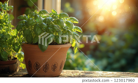 Basil plants large glossy leaves thrive in decorative ceramic pots sunlight streaming through kitchen window creating warm and inviting atmosphere. 123017960