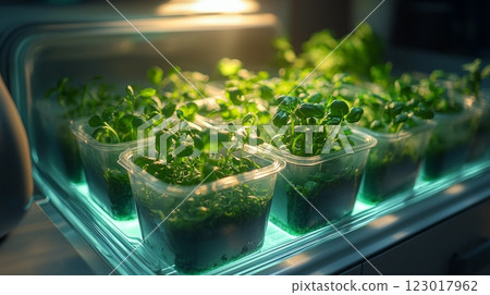 Rows of edible plants thrive in transparent refrigerator illuminated soft green lights in modern kitchen designed bamboo and recycled materials. 123017962