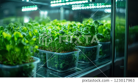 In minimalist kitchen designed sustainable materials transparent refrigerator showcases vibrant hydroponic plants soft green LED lighting. setup highlights eco friendly living. 123017963