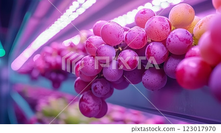 Rows of lush grapevines flourish in modern greenhouse setting showcasing clusters of green and purple grapes bright artificial lighting highlighting agricultural innovation and productivity. 123017970