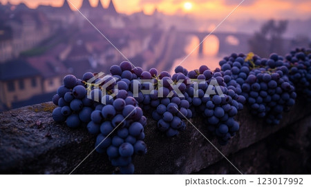 rooftop garden showcases lush grapevines climbing trellises colorful sunset. Clusters of ripening grapes add beauty picturesque cityscape below. 123017992