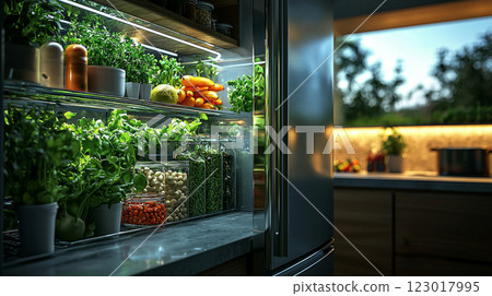 Vibrant green herbs and fresh vegetables are displayed in sleek refrigerator. Soft LED lights illuminate organized shelves in elegant kitchen natural textures. 123017995