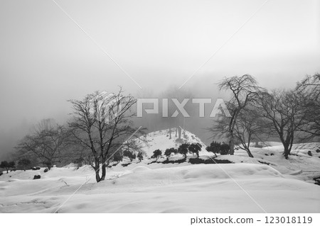 Ichijodani Asakura Clan Ruins shrouded in morning mist 123018119