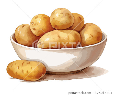 Watercolor illustration of potatoes in a bowl - AI generated 123018205