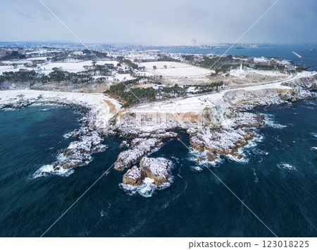 Aerial view of Nakasuka and Tanesashi coasts in winter in Aomori Prefecture, Hachinohe city 123018225