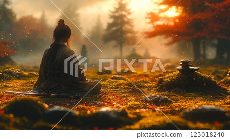 Serenity envelops samurai in meditation kneeling quietly katana placed in front. Zen garden's raked sand and moss covered stones glow softly sunset. 123018240