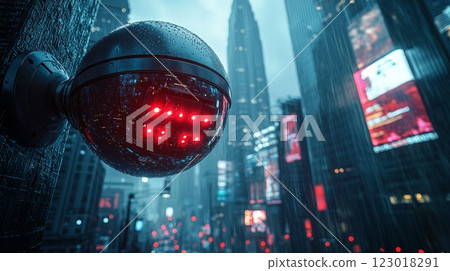 hovering orb shaped surveillance camera explores dark streets of dystopian city illuminating area glowing red beams while towering skyscrapers loom above. hovering orb shaped surveillance camera explores dark streets of dystopian city illuminating area glowing red beams while towering skyscrapers loom above. 123018291
