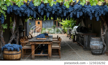 Grapevines are trained along pergola casting shade over rustic wooden table set chairs. Clusters of ripe grapes hang above enhancing warm and inviting atmosphere of garden. Grapevines are trained along pergola casting shade over rustic wooden table set chairs. Clusters of ripe grapes hang above enhancing warm and inviting atmosphere of garden. 123018292