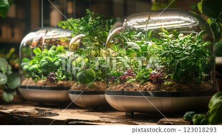In modern eco gallery glass pods suspended from ceiling house vibrant plants. warm ambient lighting and glass walls enrich serene atmosphere connecting indoors nature. 123018293