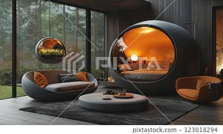 home eco gallery showcases innovative hanging gardens plants in transparent pods. warm ambient lighting creates serene atmosphere surrounded expansive glass walls. 123018294