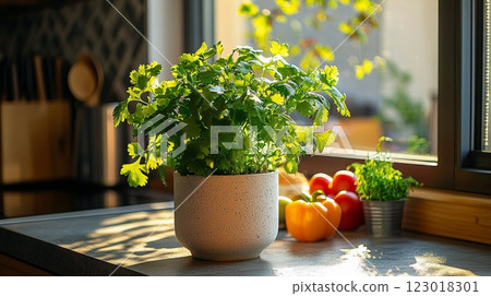Healthy cilantro plant grows in modern planter large kitchen window. Sunlight enhances its vibrant leaves while light breeze ruffles them creating lively atmosphere. 123018301