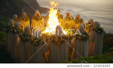 Robed figures gather around roaring bonfire celebrating springtime pagan ritual. Their attire is adorned flowers and greenery creating mystical ambiance twilight. 123018305