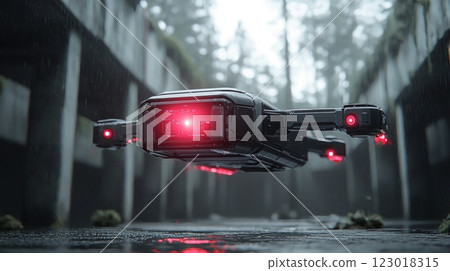 drone like surveillance camera hovers over empty urban street scanning area glowing red lens. Holographic data projections enhance its monitoring capabilities amidst desolation. 123018315