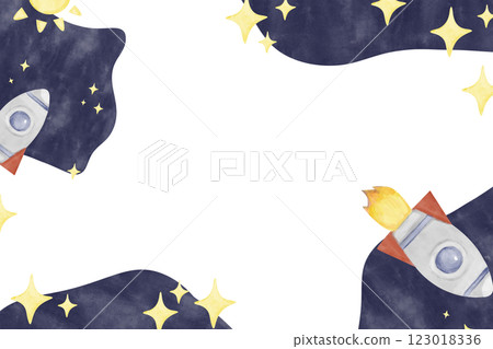 Horizontal Frame Whimsical Space-Themed with Rocket, Watercolor Illustration Space Theme for Print, Web and Textile Horizontal Frame Whimsical Space-Themed with Rocket, Watercolor Illustration Space Theme for Print, Web and Textile 123018336