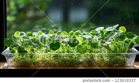 Fresh microgreens thrive in shallow tray on sunlit windowsill. Dew glistens on each leaf as soft sunlight enhances their lush green color in afternoon. 123018337