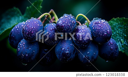 Ripe grapes hang from vine covered in glistening droplets of dew soft dappled sunlight. background features lush green leaves providing serene atmosphere. Ripe grapes hang from vine covered in glistening droplets of dew soft dappled sunlight. background features lush green leaves providing serene atmosphere. 123018338