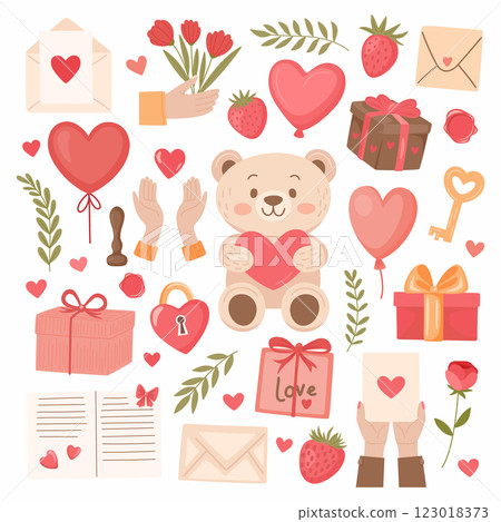Flat Cartoon Vector Romantic Valentines Day Clipart Set. Cute Teddy Bear, Love Letter, Heart Balloons, Gifts, Flowers, Keys, Handwritten Notes. Icons for Greeting Cards, Stickers, Invitations, Decor 123018373