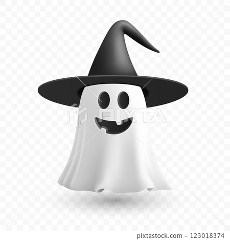 Vector 3d Realistic Happy Ghost in Witch Hat. Spooky Halloween Ghost, Cute Floating Spirit. Funny Cartoon Ghost, Isolated. Scary Character Illustration. Halloween Clipart, Smiling Ghost Vector Art 123018374