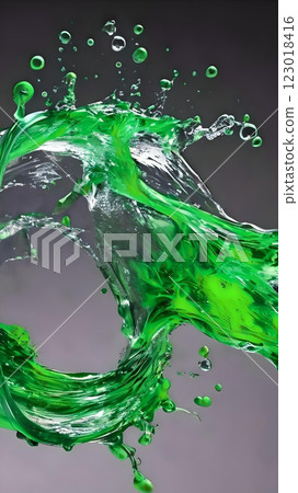 Water splash art of fluorescent green and transparent water colliding with each other Water splash art of fluorescent green and transparent water colliding with each other 123018416