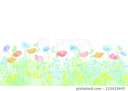 框架與田野上盛開的五顏六色的春花。水彩插圖。 123018445