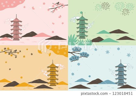 五重塔和四季風景的背景插圖 123018451