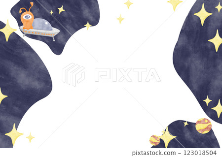 Whimsical Space Horizontal Frame with Alien and Planets , Watercolor Illustration Kids Theme for Print, Web and Textile 123018504