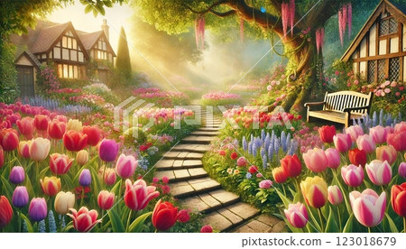 English garden with tulips (fairy tale style) English garden with tulips (fairy tale style) 123018679