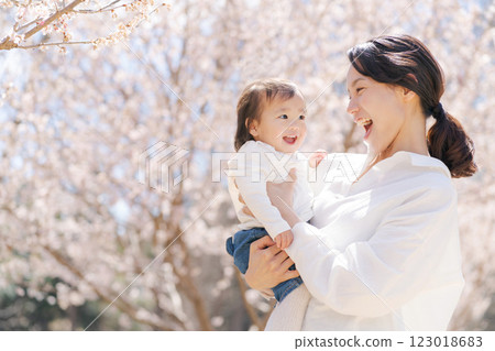 使用在櫻花公園的母親和女兒 123018683