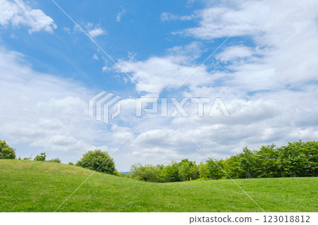 Refreshing grassland and blue sky with clouds 123018812